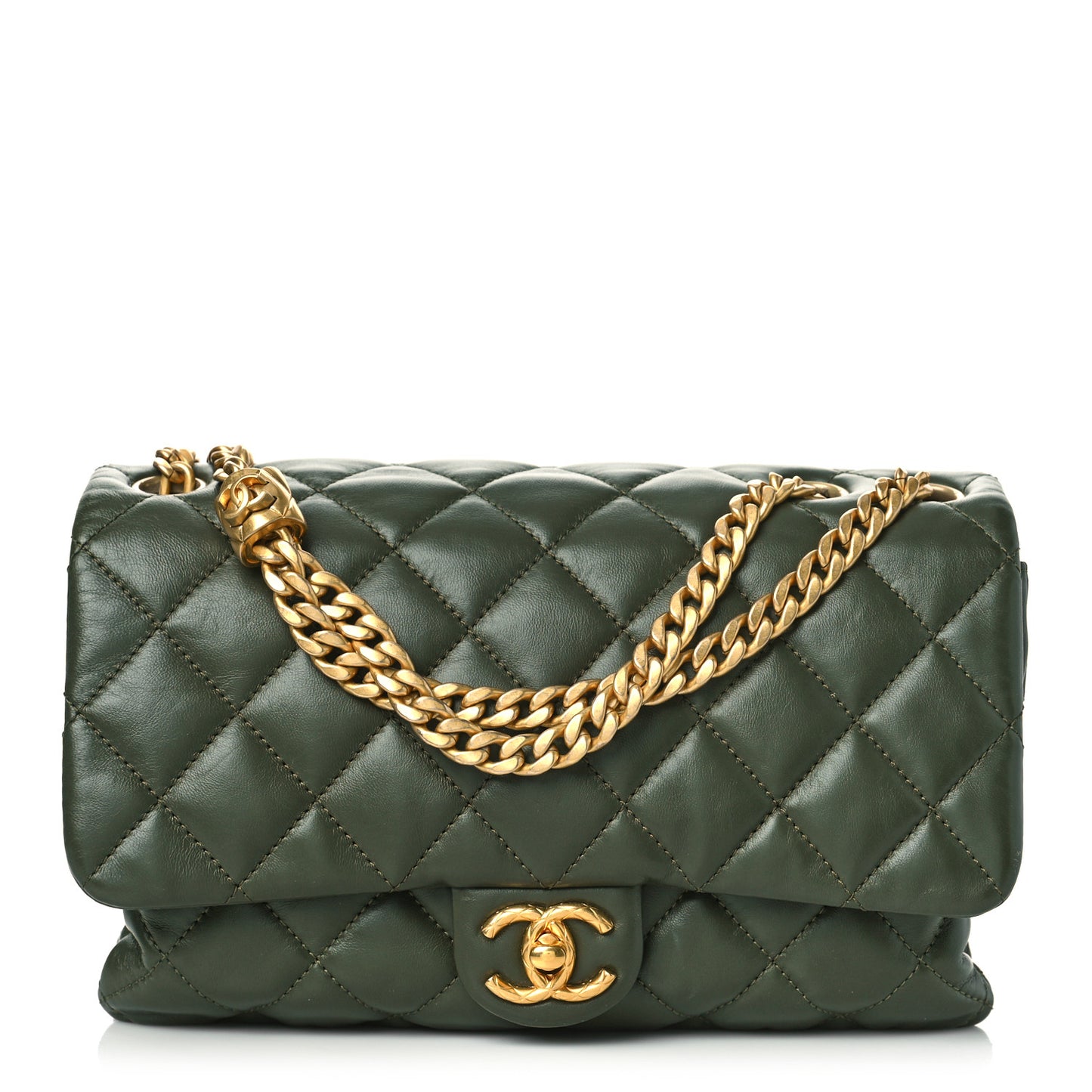 Lambskin Quilted Medium Pillow Crush Flap Khaki