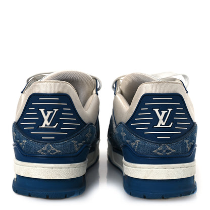 Louis Vuitton Calfskin Embossed Monogram Denim Mens LV Trainer Sneakers 7.5 Blue 6 of 16