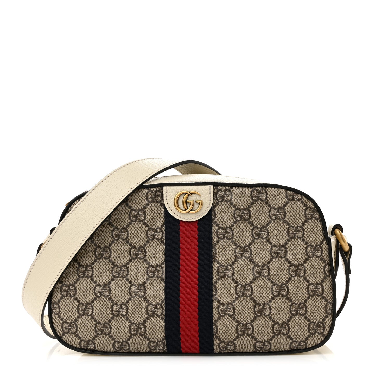 GG Supreme Monogram Textured Calfskin Web Small Ophidia Camera Bag Beige Ebony Mystic White