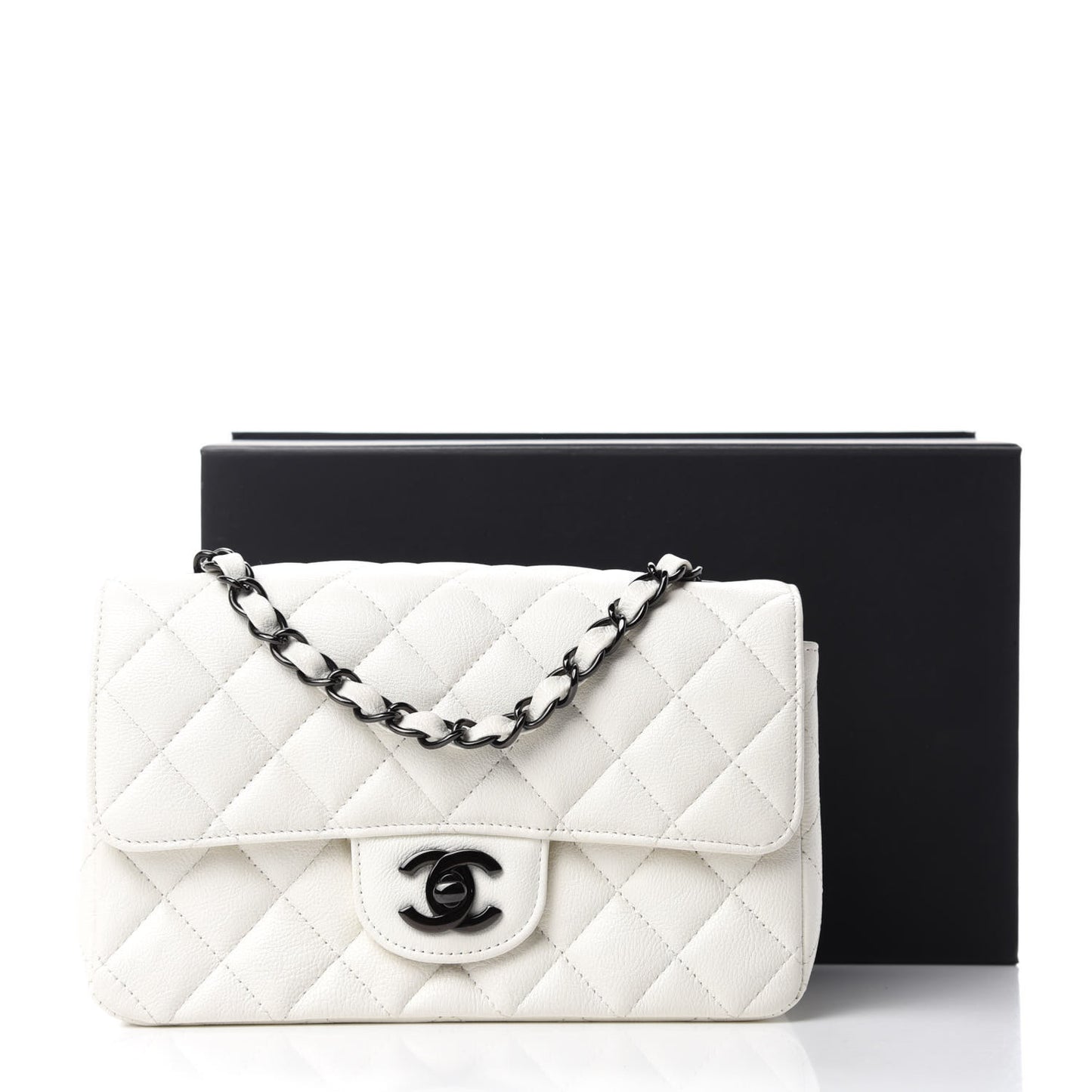 Crumpled Calfskin Quilted Mini Rectangular Flap White