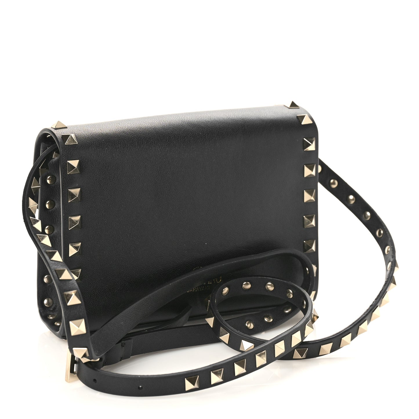VALENTINO GARAVANI Vitello Mini Rockstud Flap Wallet on Strap Black