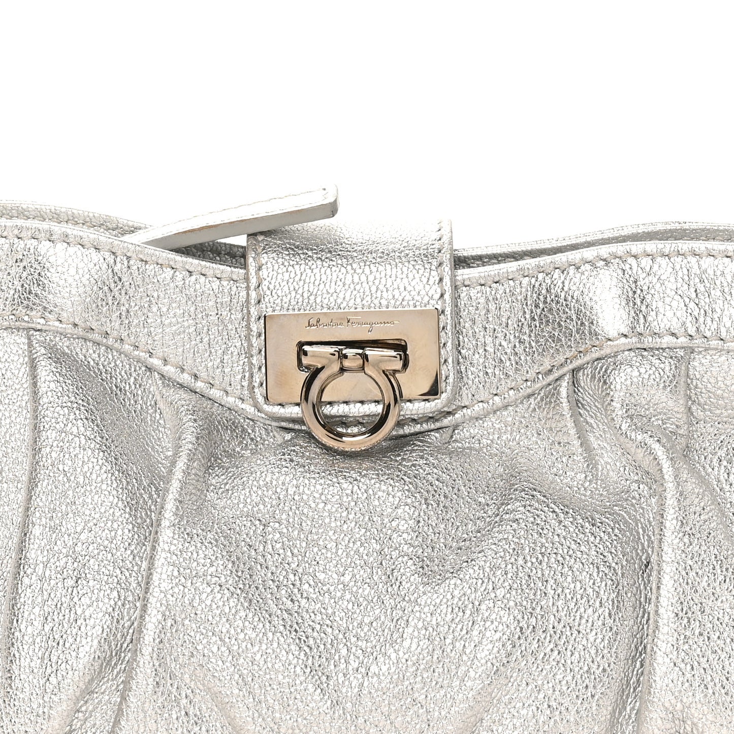 Metallic Calfskin Small Gancini Clutch Silver