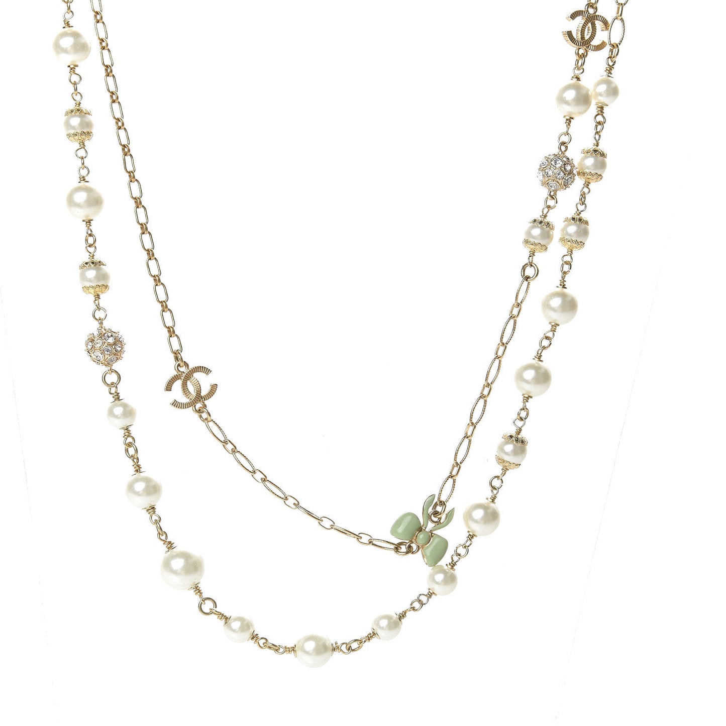 Crystal Pearl CC Bow Long Necklace Gold