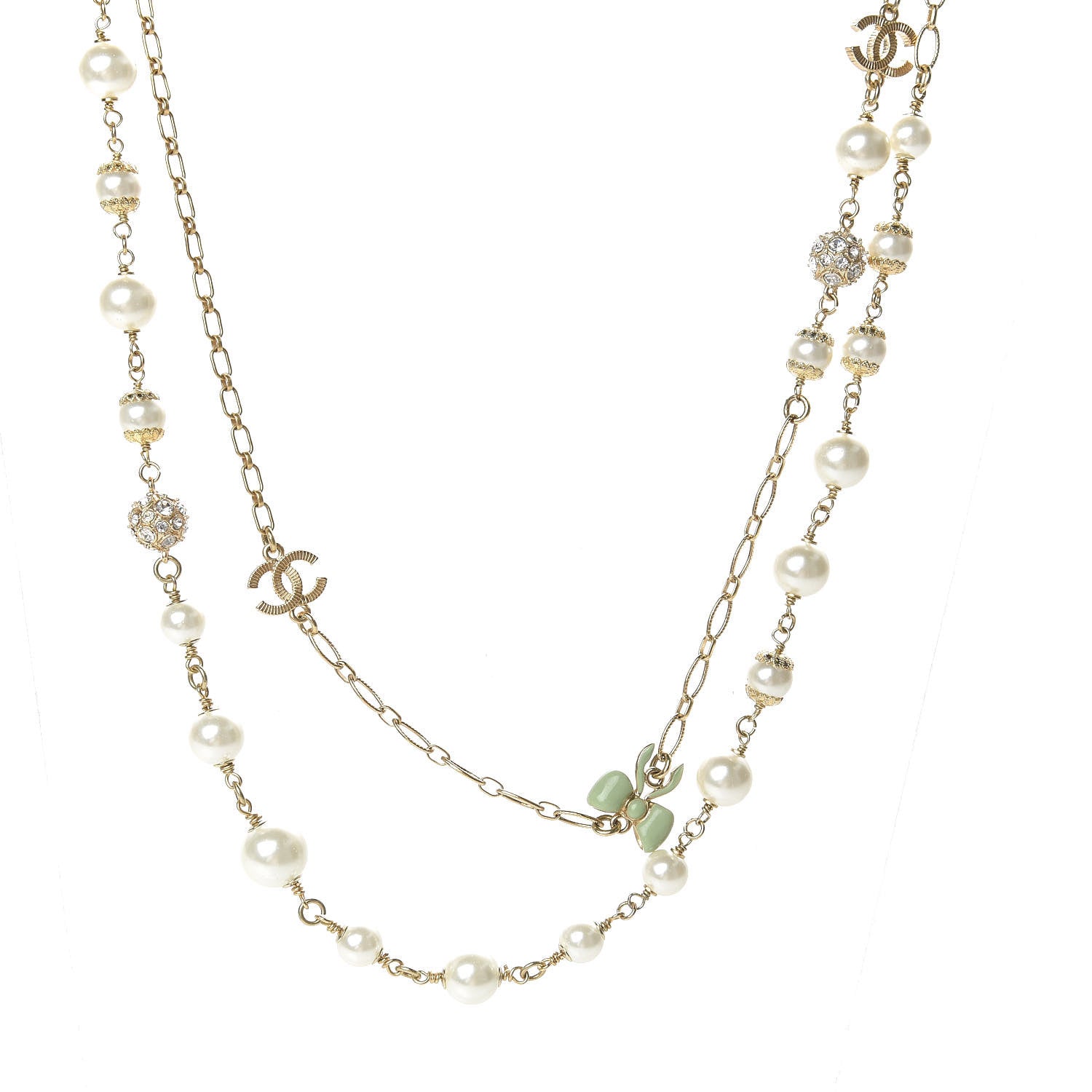 Chanel Crystal Pearl CC Bow Long Necklace Gold 1 of 4