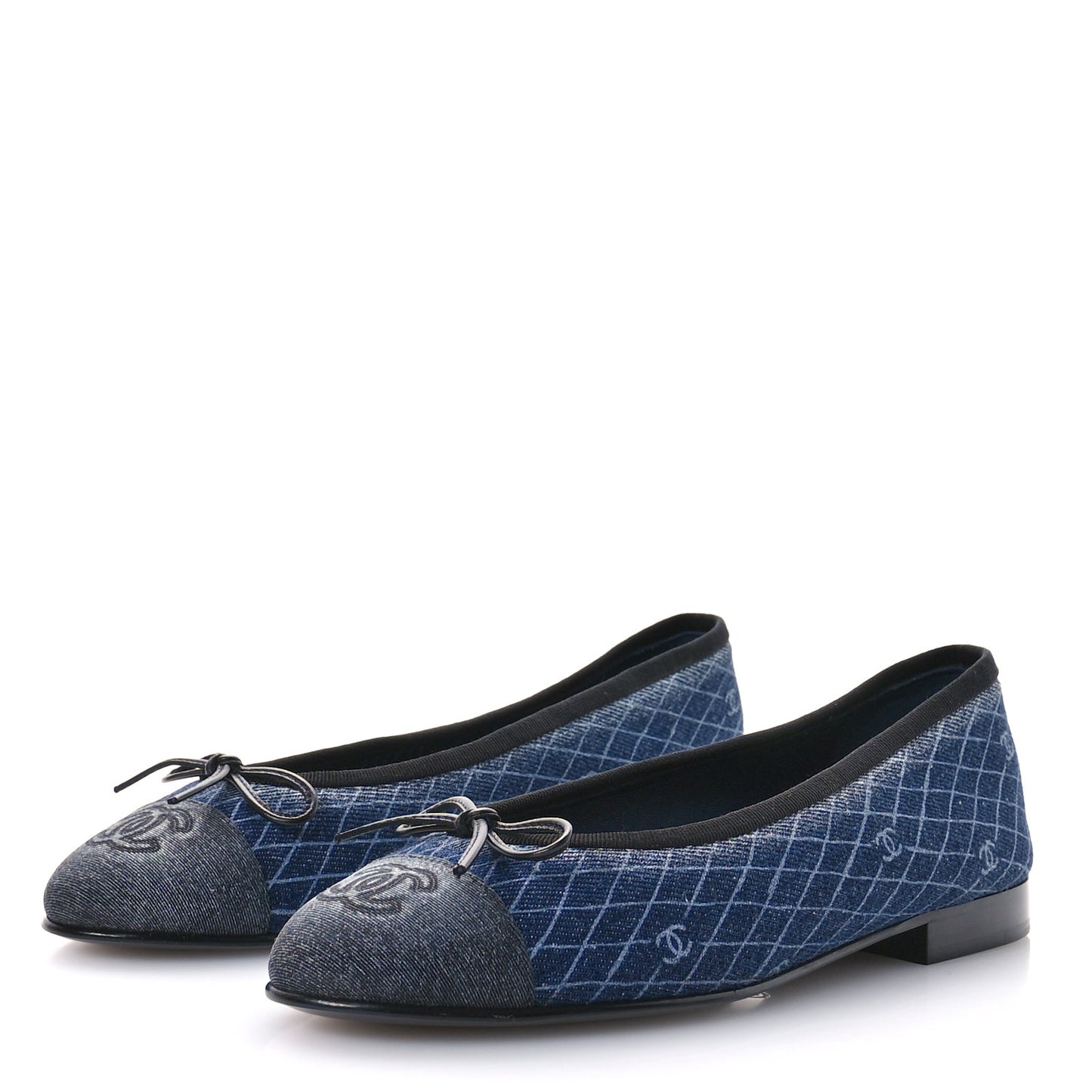 Denim Printed Quilt CC Cap Toe Ballerina Flats 37 Navy Blue Dark Grey