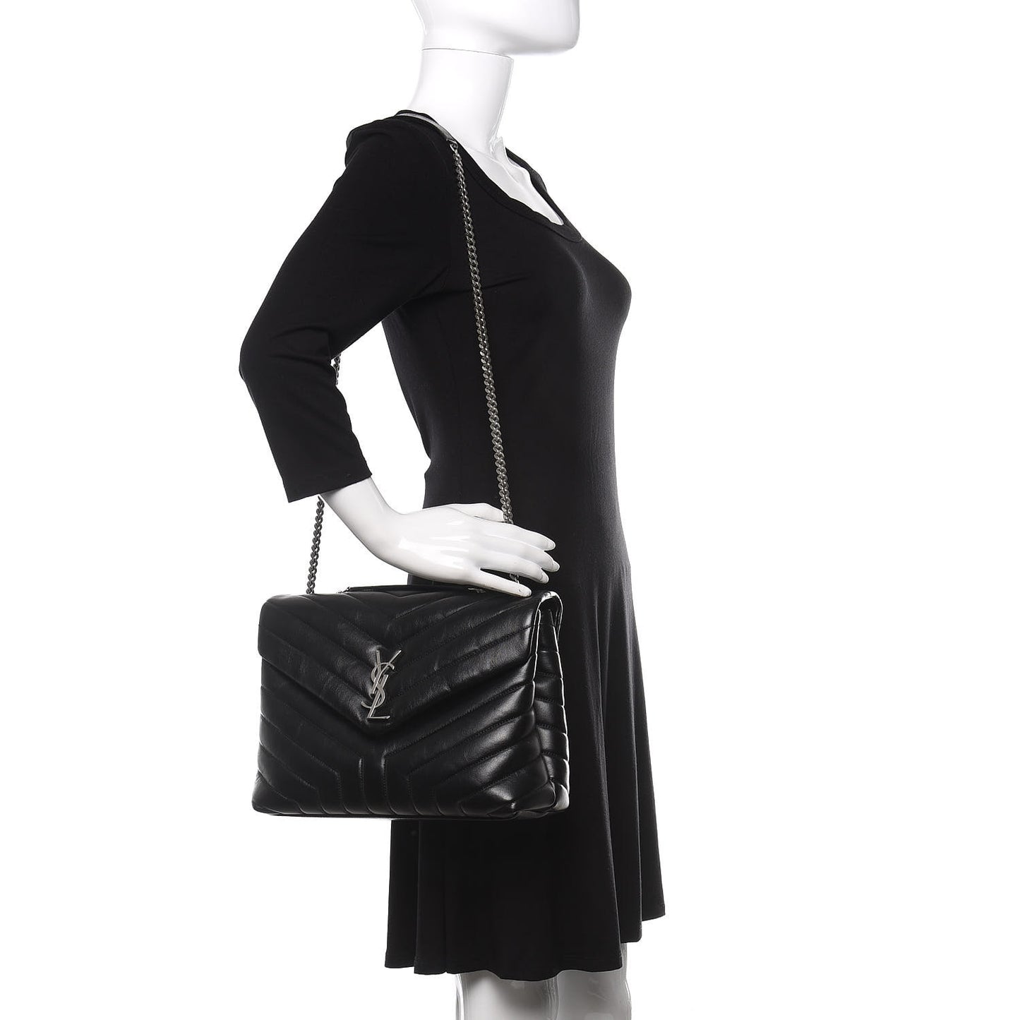 Calfskin Y Quilted Monogram Medium Loulou Chain Satchel Black