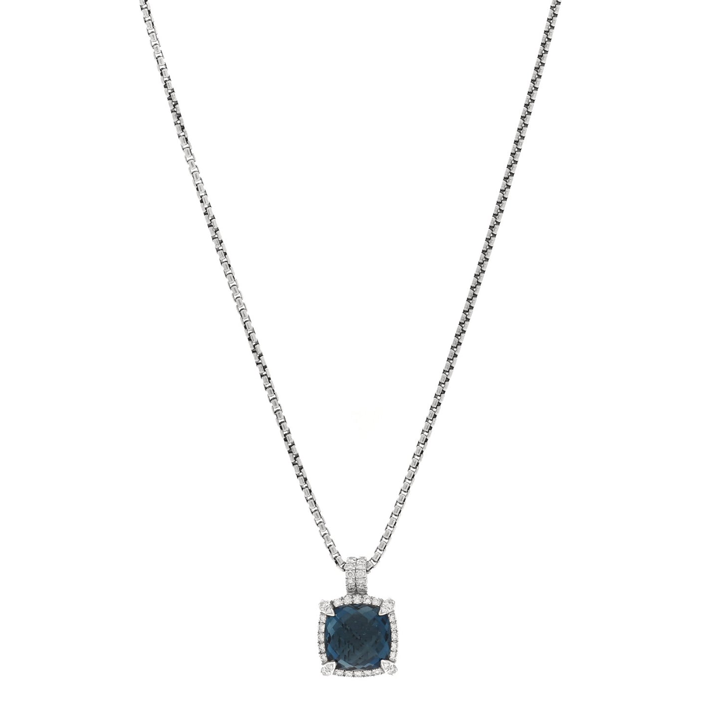 Sterling Silver Diamond Blue Topaz 9mm Chatelaine Pave Bezel Pendant Necklace