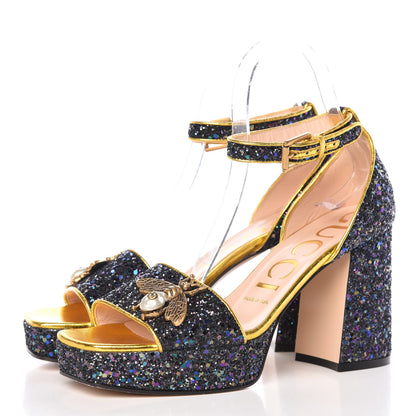 Gucci Glitter Soko Bee Platform Mid Heel Sandals 37 Notte Oro Multi 3 of 9