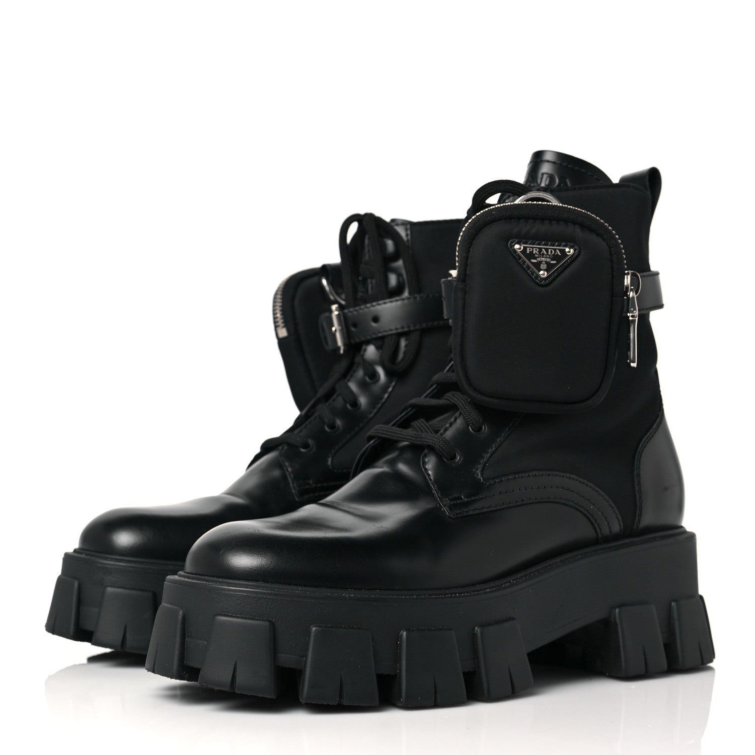 Prada Spazzolato Rois Nylon Metal Triangle Logo Monolith Pouch Pocket 55mm Boots 38.5 Black 3 of 6