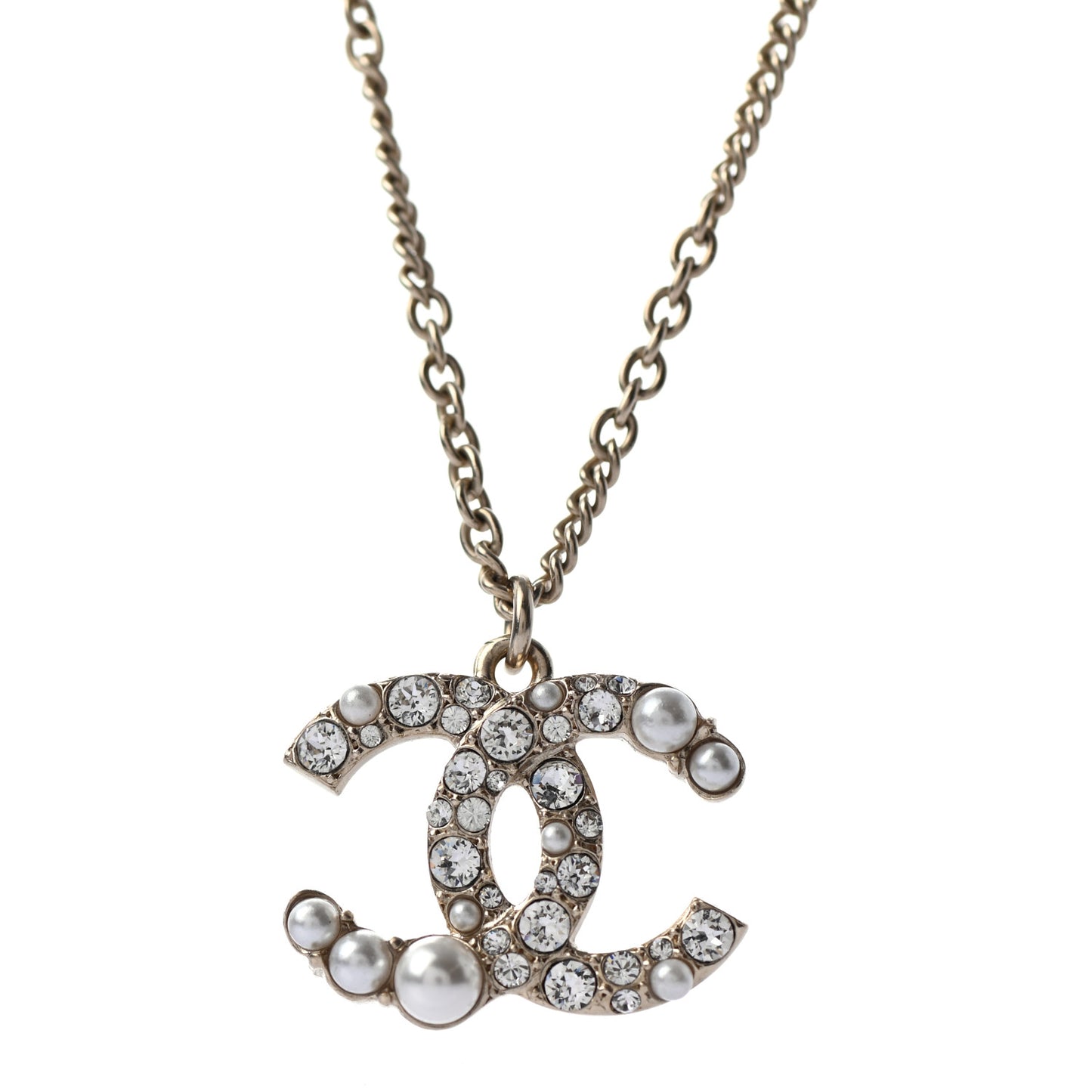 Pearl Crystal CC Pendant Necklace Gold