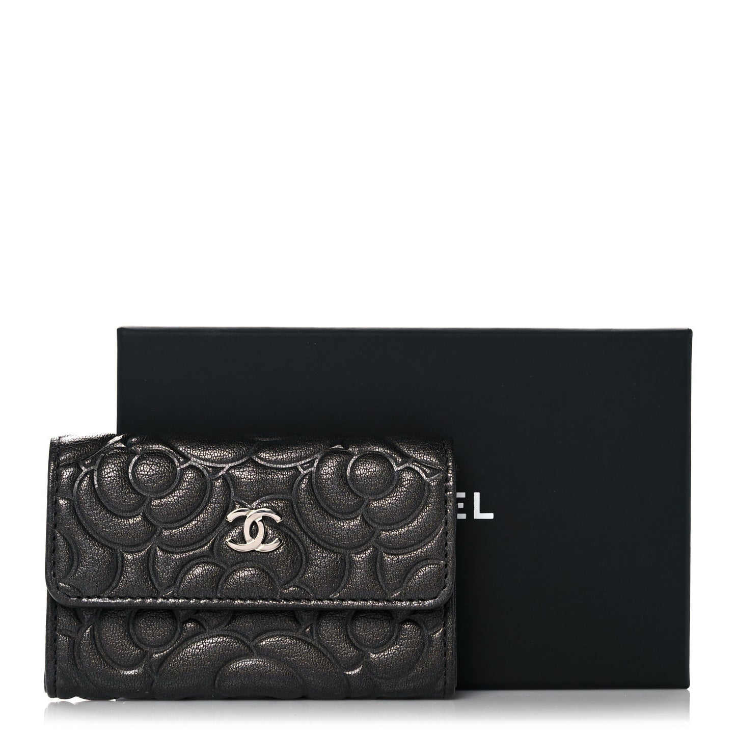 Goatskin Camellia Embossed Flap Card Holder Wallet Grey