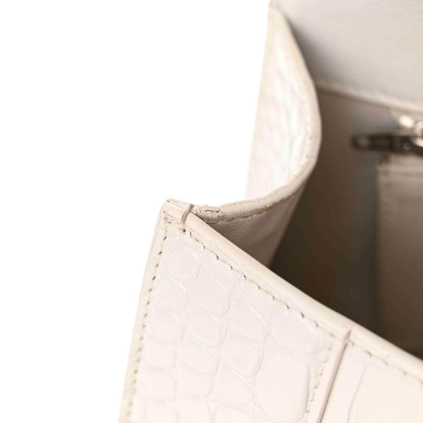 Calfskin Crocodile Embossed Small Hourglass Top Handle Bag White