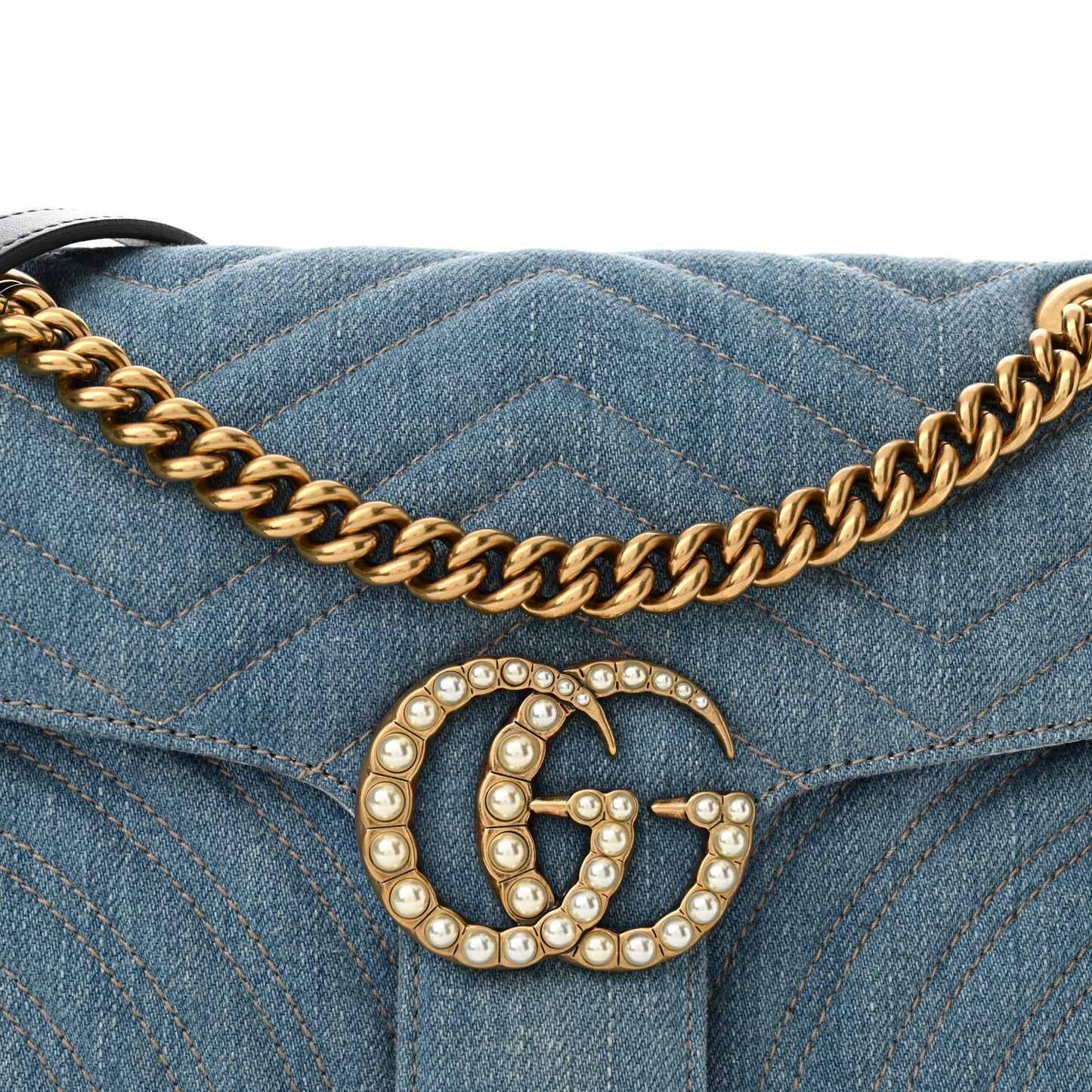 Denim Matelasse Small Pearly GG Marmont Shoulder Bag Blue