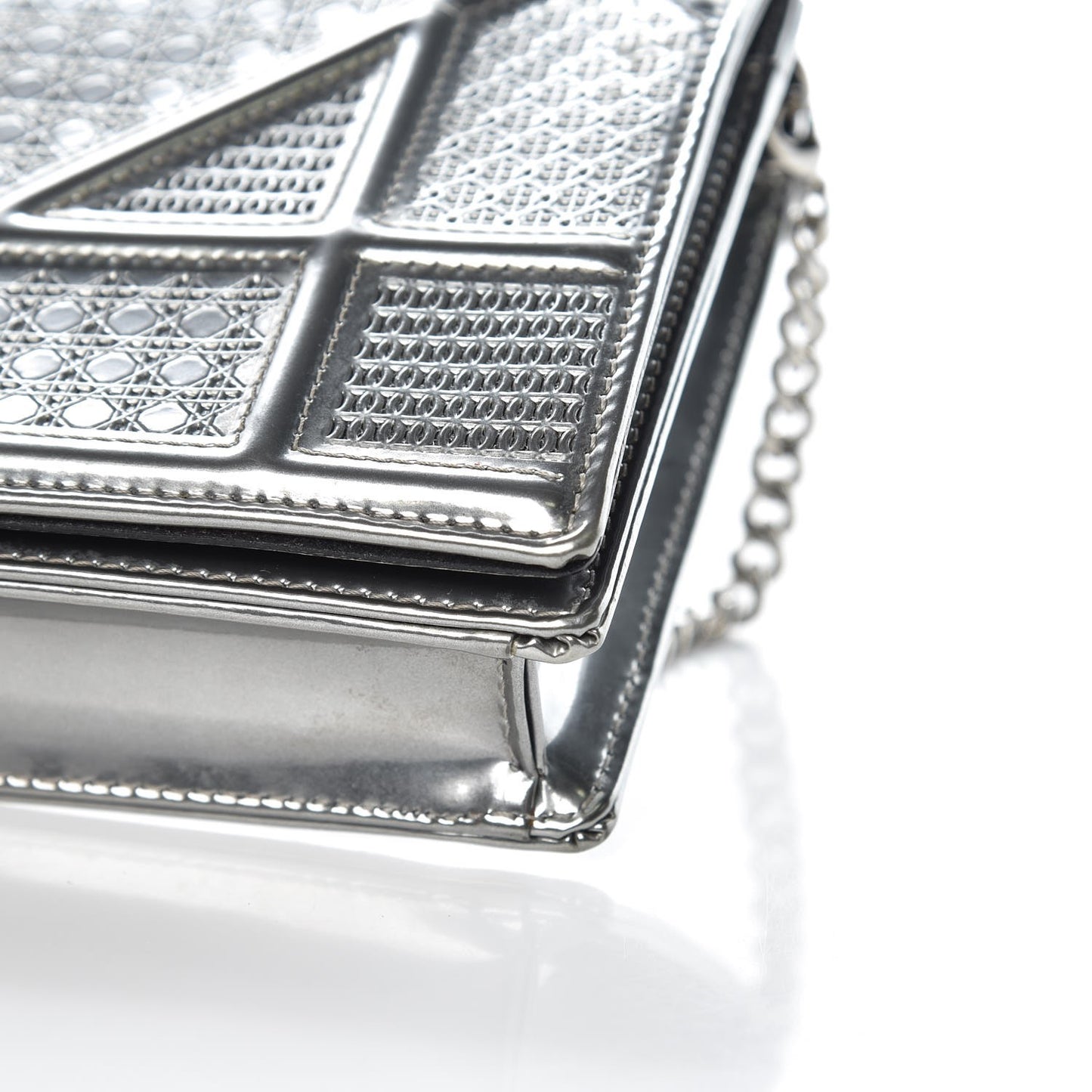 Metallic Patent Micro-Cannage Diorama Wallet on Chain Pouch Silver