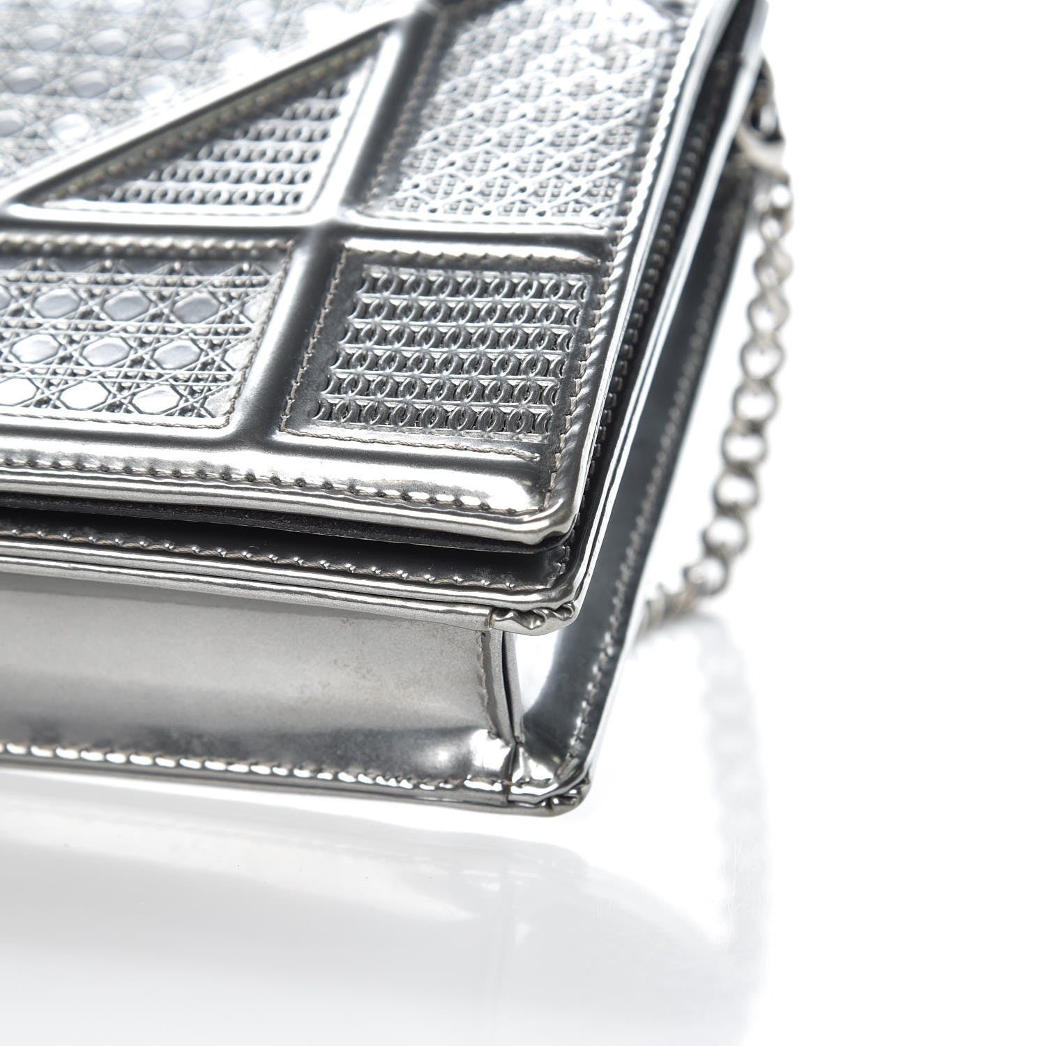 Christian Dior Metallic Patent Micro-Cannage Diorama Wallet on Chain Pouch Silver 9 of 11