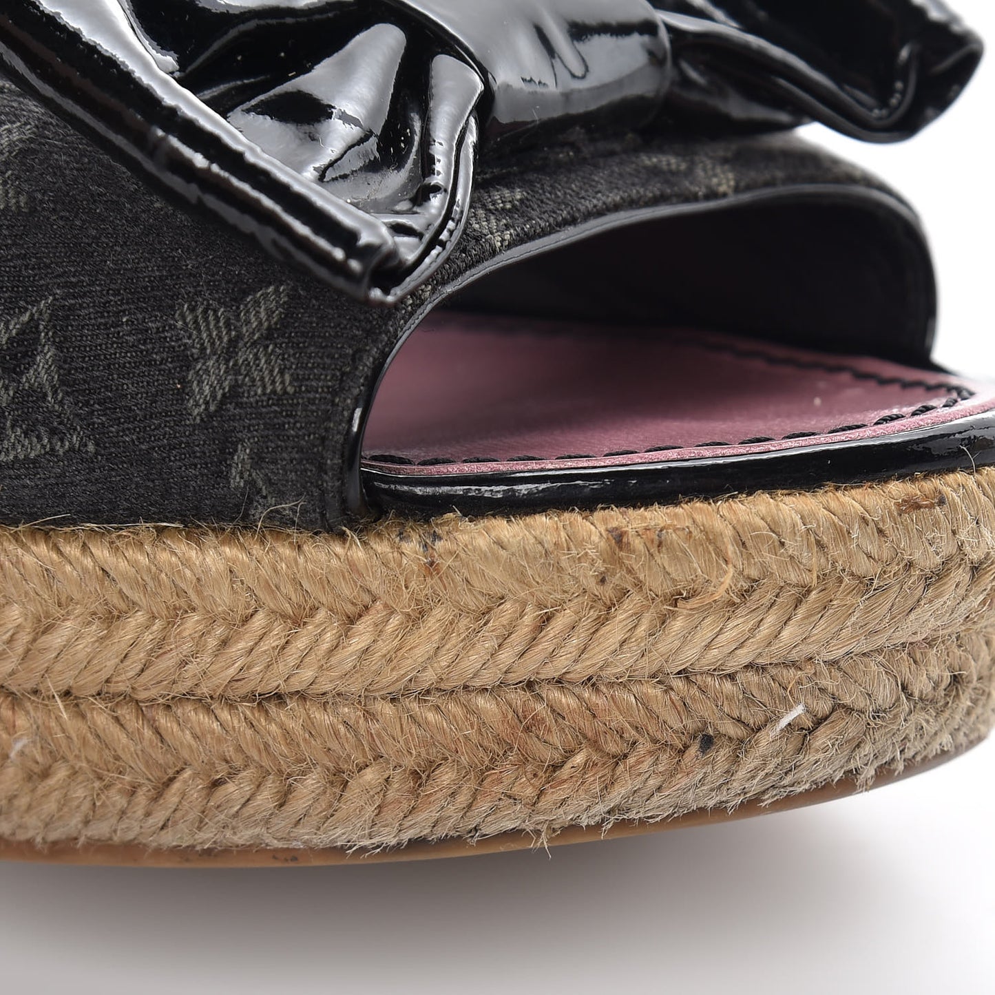 Denim Patent Monogram Bow Espadrille Wedges 38.5 Black