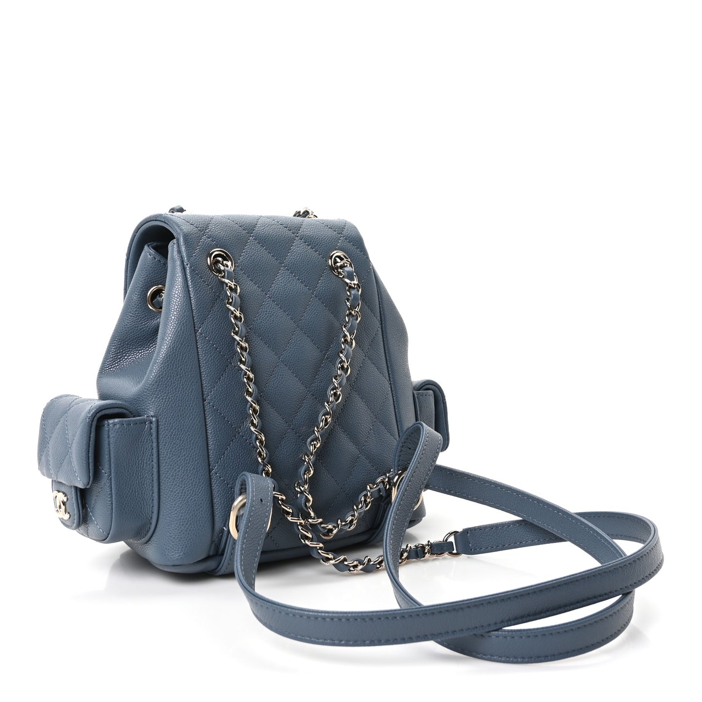 Shiny Caviar Quilted Small Duma Pockets Drawstring Backpack Blue
