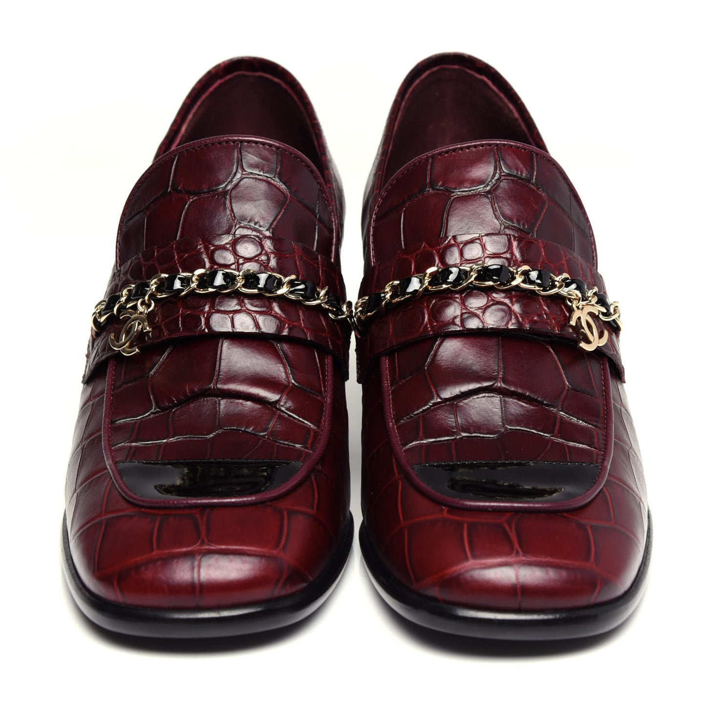 Crocodile Embossed Calfskin CC Chain Mocassin Loafers 38.5 Burgundy Black