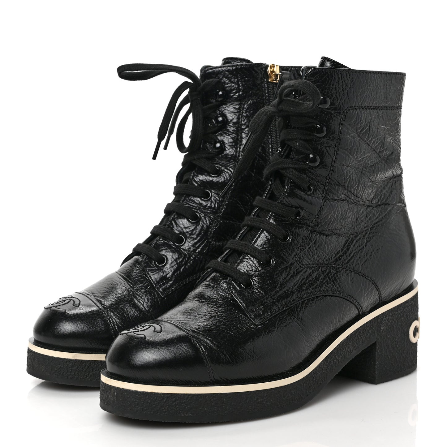 Shiny Crumpled Lambskin Lace Up Combat Boots 38 Black