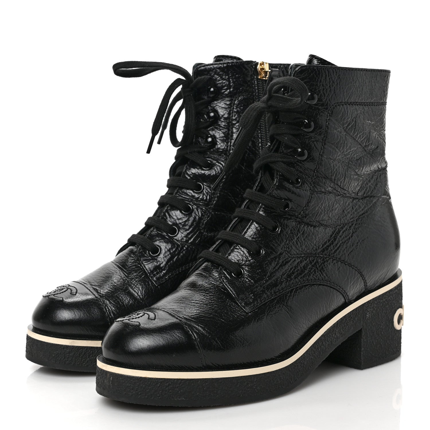 Chanel Shiny Crumpled Lambskin Lace Up Combat Boots 38 Black 3 of 8