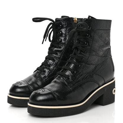 Chanel Shiny Crumpled Lambskin Lace Up Combat Boots 38 Black 3 of 8