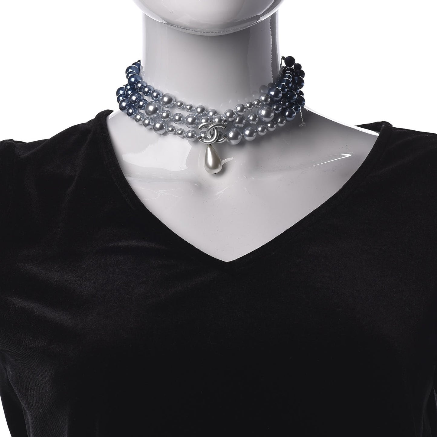 Pearl Beaded CC Multi Strand Choker Necklace Blue Silver