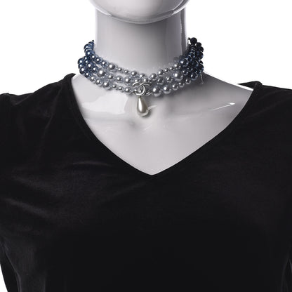Chanel Pearl Beaded CC Multi Strand Choker Necklace Blue Silver 2 of 7