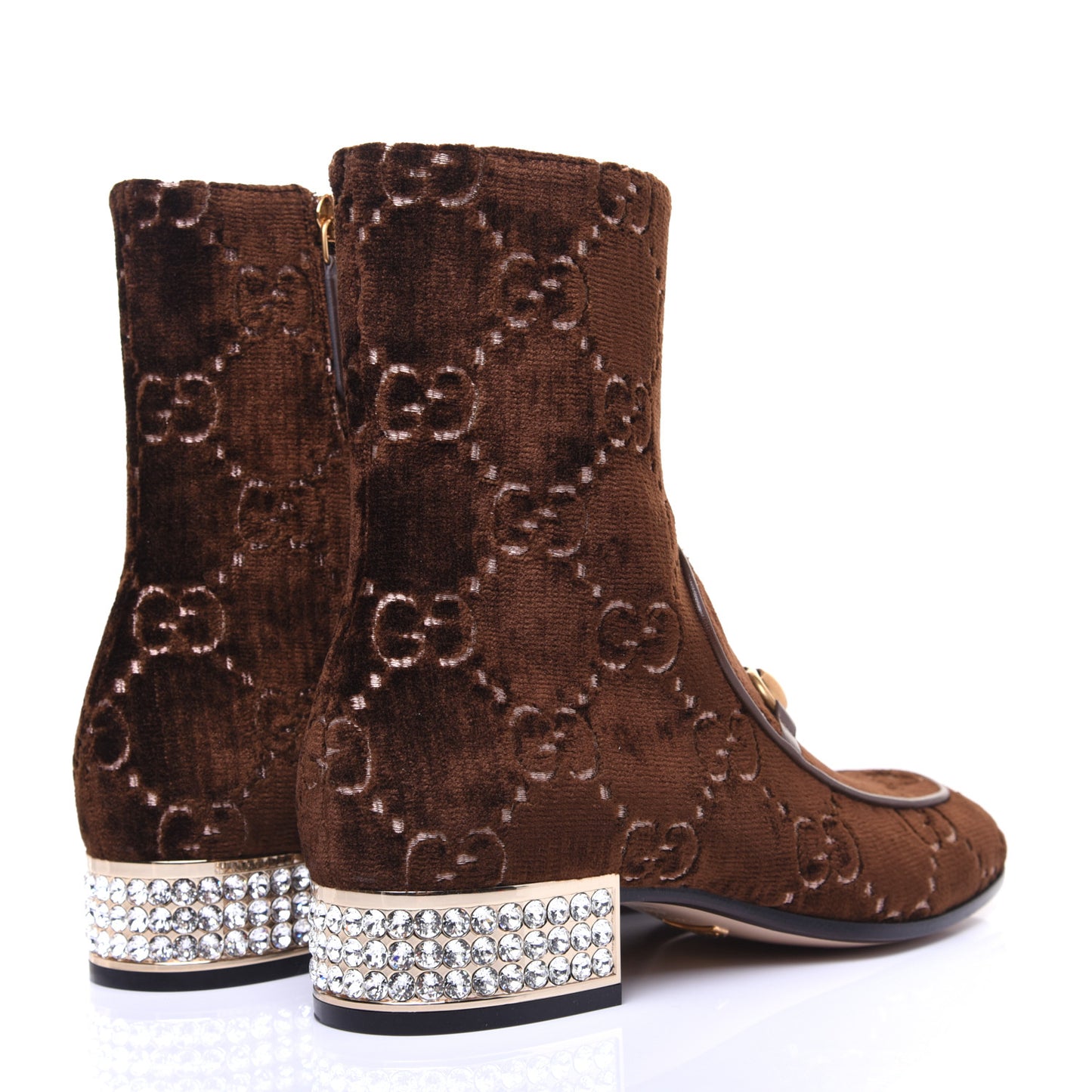 Velvet GG Monogram Crystal Horsebit Ankle Boots 35.5 Brown Vintage Cocoa