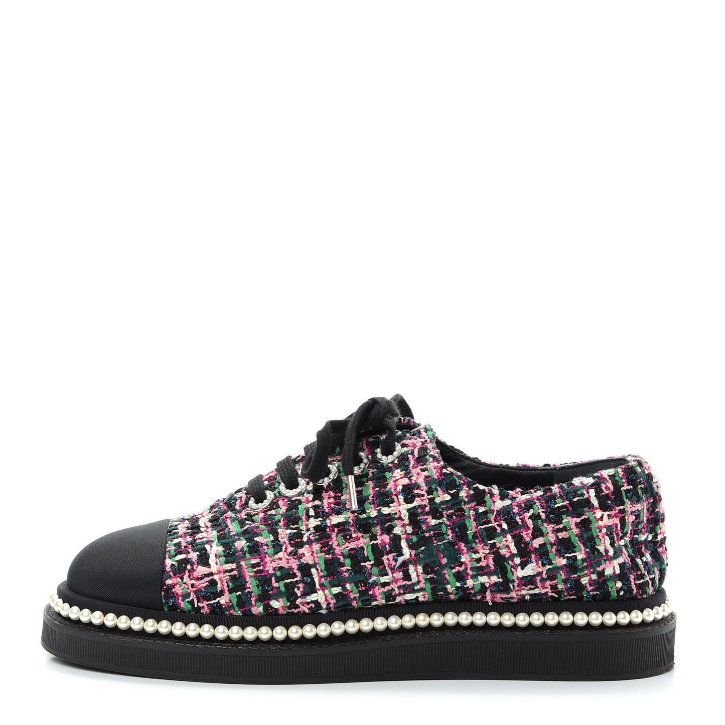 Metallic Tweed Grosgrain Pearl Lace Up Sneakers 39 Black Multicolor