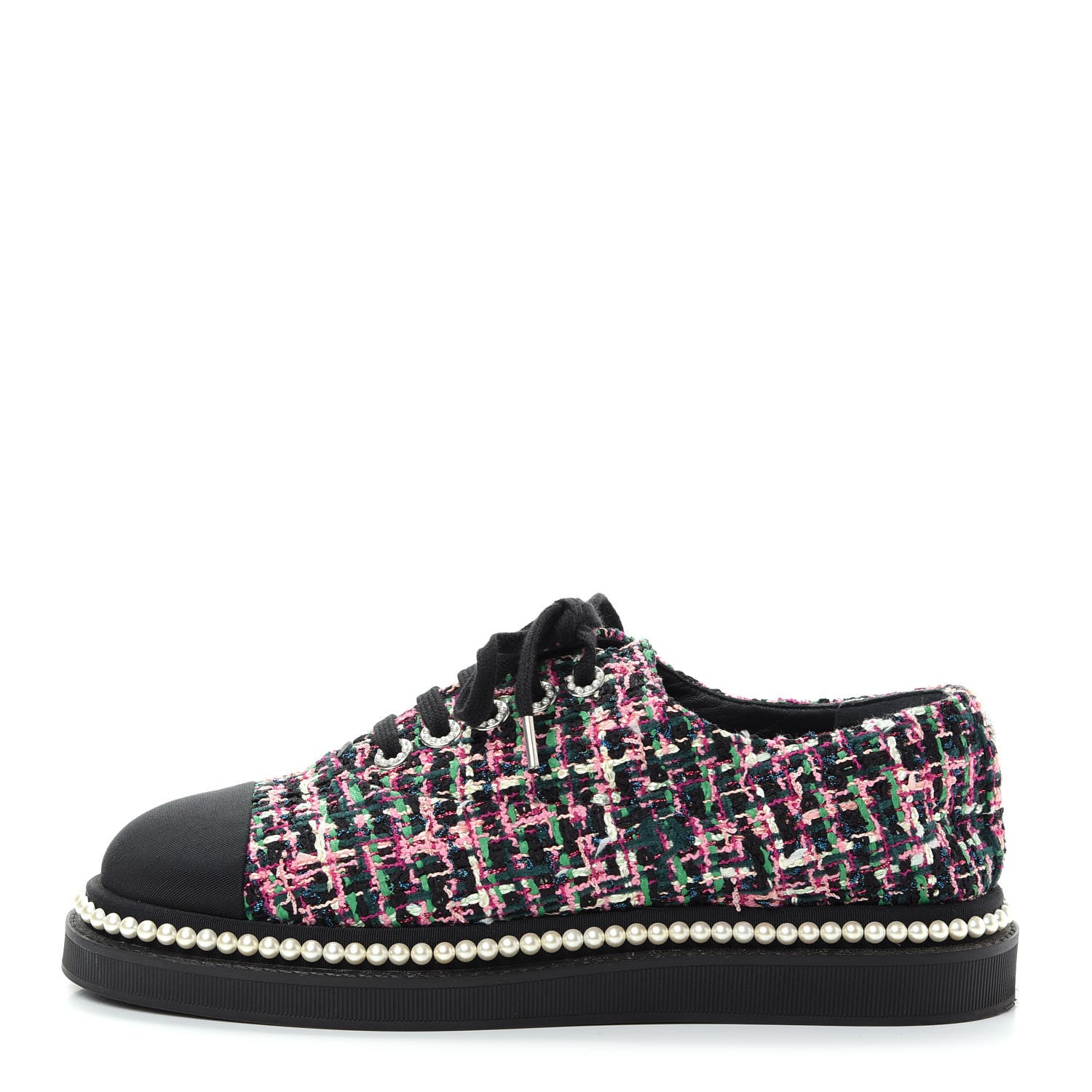 Chanel Metallic Tweed Grosgrain Pearl Lace Up Sneakers 39 Black Multicolor 1 of 10