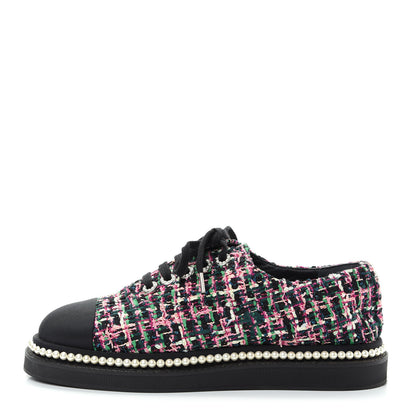 Chanel Metallic Tweed Grosgrain Pearl Lace Up Sneakers 39 Black Multicolor 1 of 10