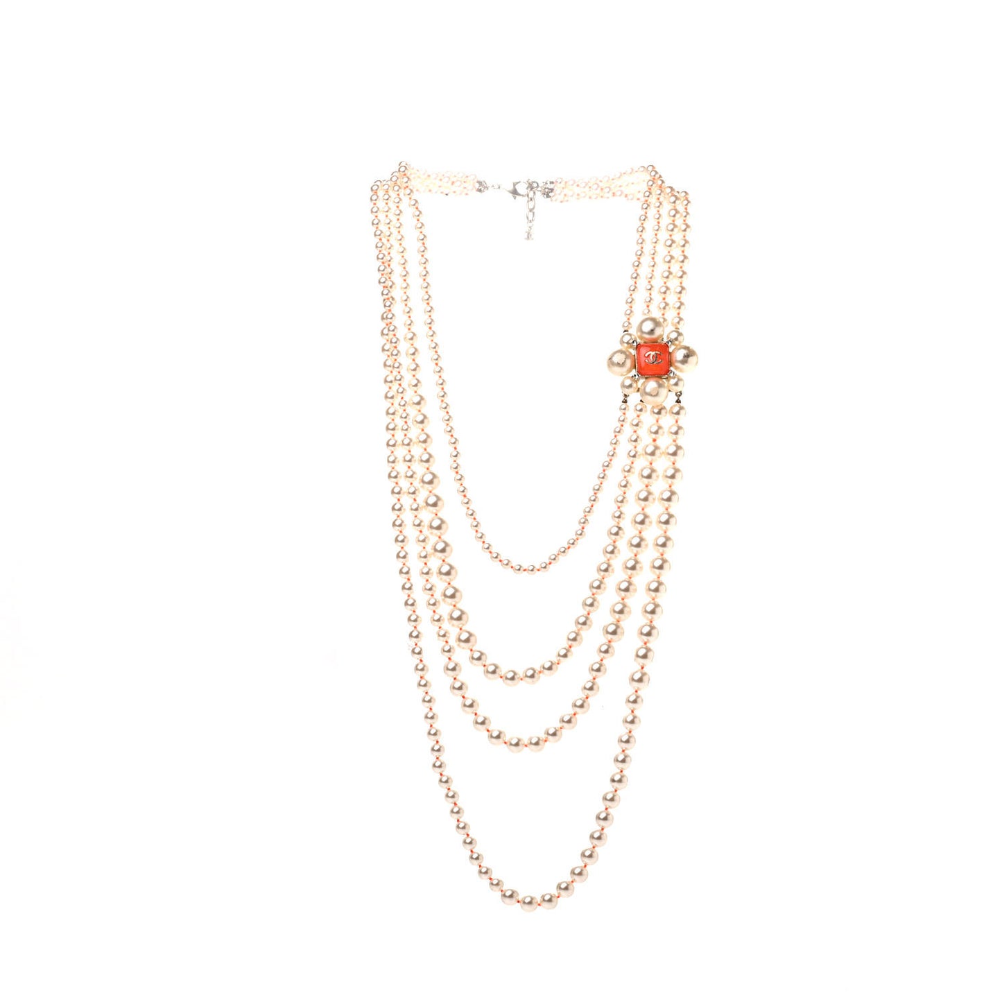 Pearl Crystal Gripoix CC Multi Strand Necklace Orange Gold