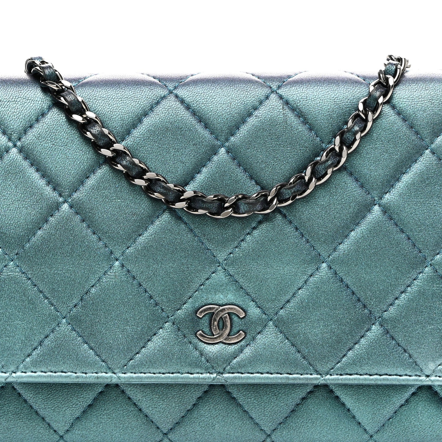 Metallic Lambskin Wallet On Chain WOC Turquoise