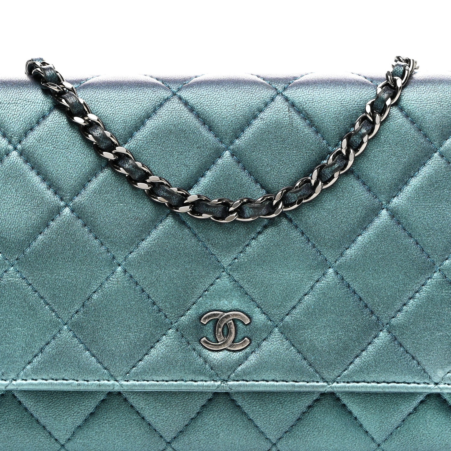 Chanel Metallic Lambskin Wallet On Chain WOC Turquoise 9 of 13