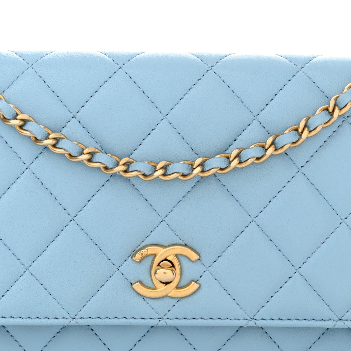 Lambskin Quilted CC Pearl Crush Wallet on Chain WOC Light Blue