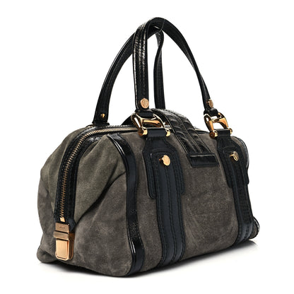 Gucci Suede Patent Calfskin Aviatrix Medium Boston Black Grey 3 of 13