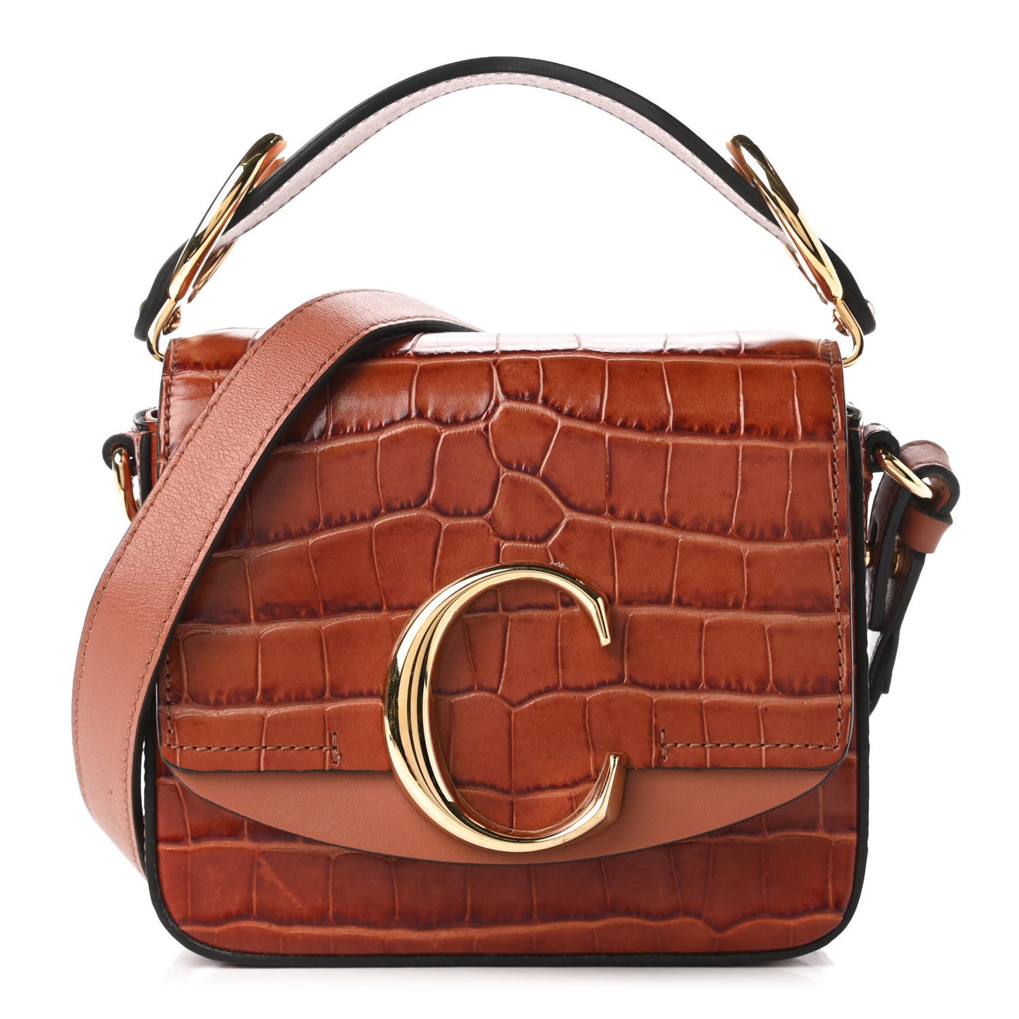 Calfskin Crocodile Embossed Mini C Double Carry Chestnut Brown