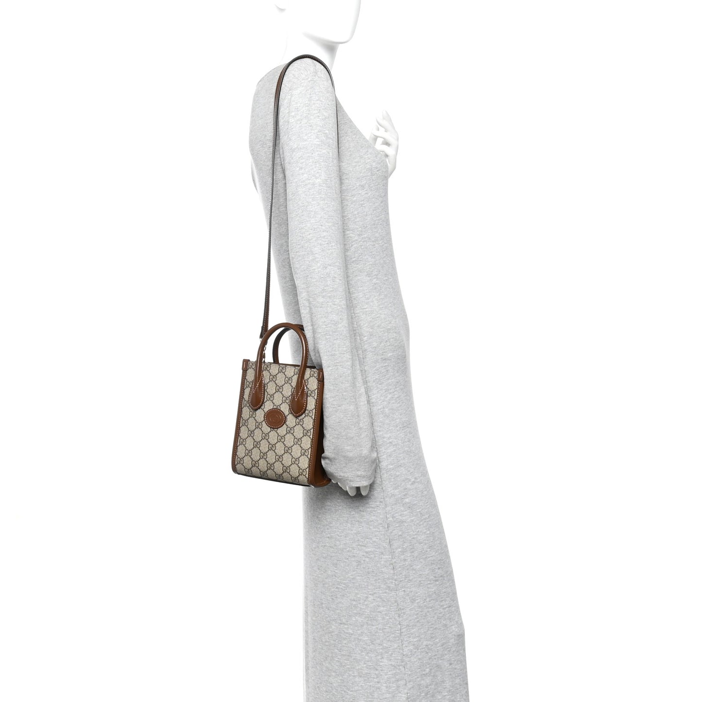 GG Supreme Monogram Azalea Calfskin Mini Retro Interlocking G Tote Bag Beige Ebony Brown Sugar