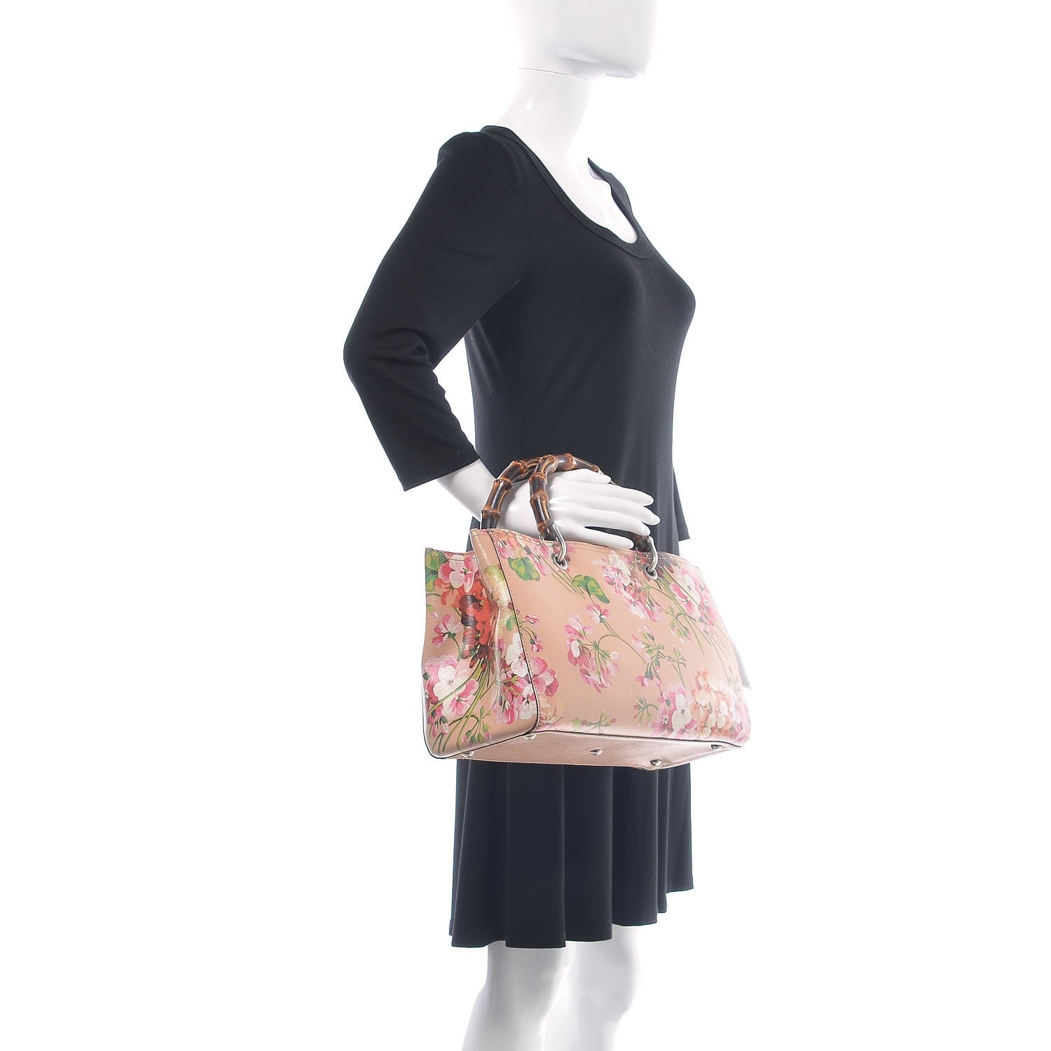 Gucci Shangai Calfskin Blooms Print Medium Bamboo Shopper Tote Pink Apricot Multicolor 3 of 15