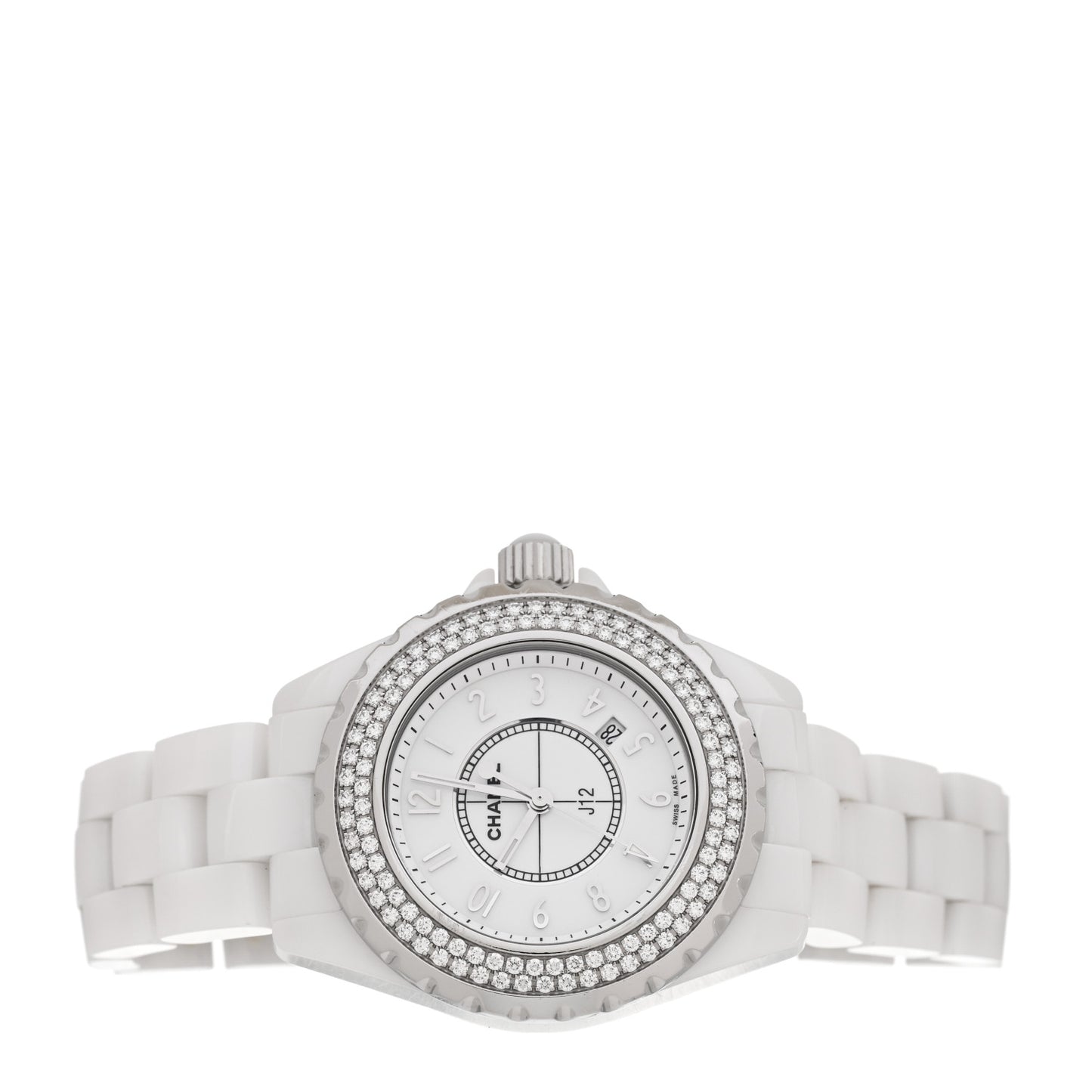 Stainless Steel Ceramic Diamond Pave Bezel 33mm J12 Quartz Watch White