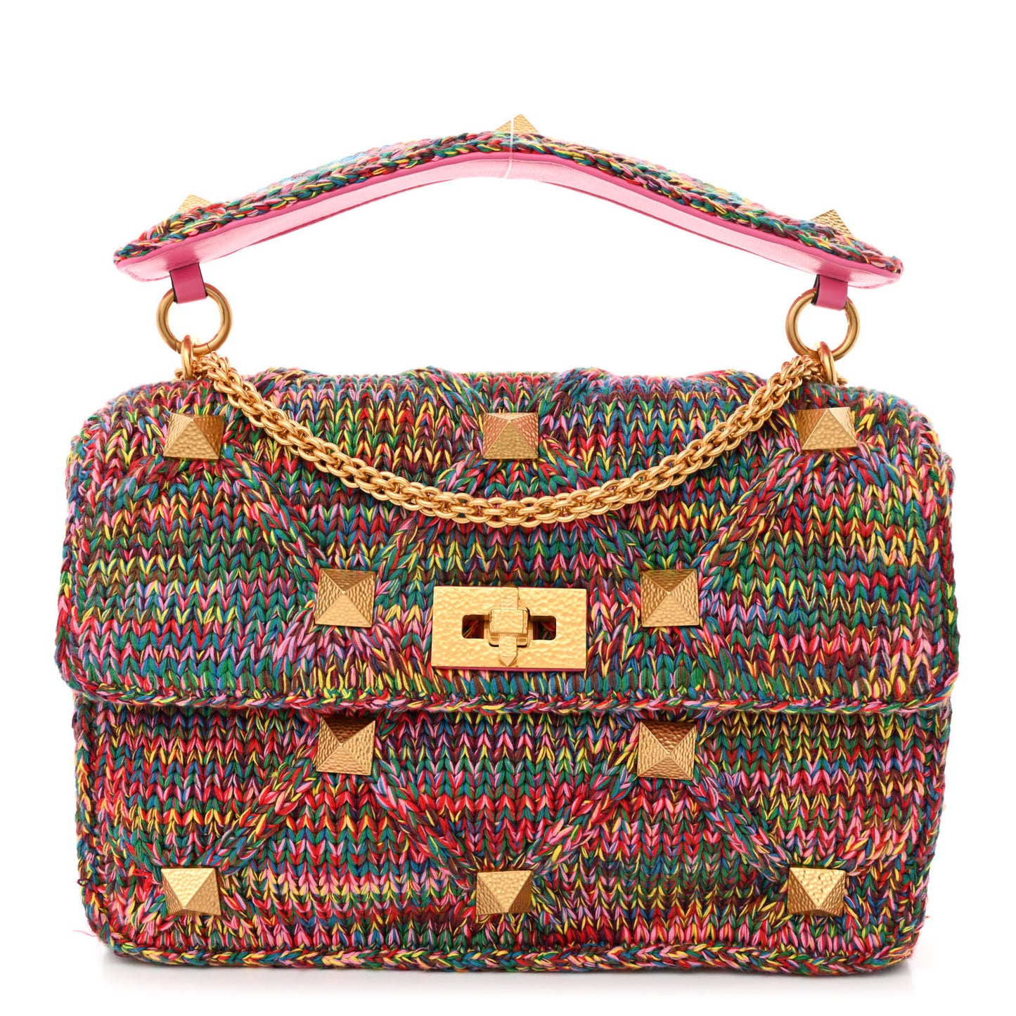Wool Woven Large Roman Stud Shoulder Bag Multicolor Feminine Pink