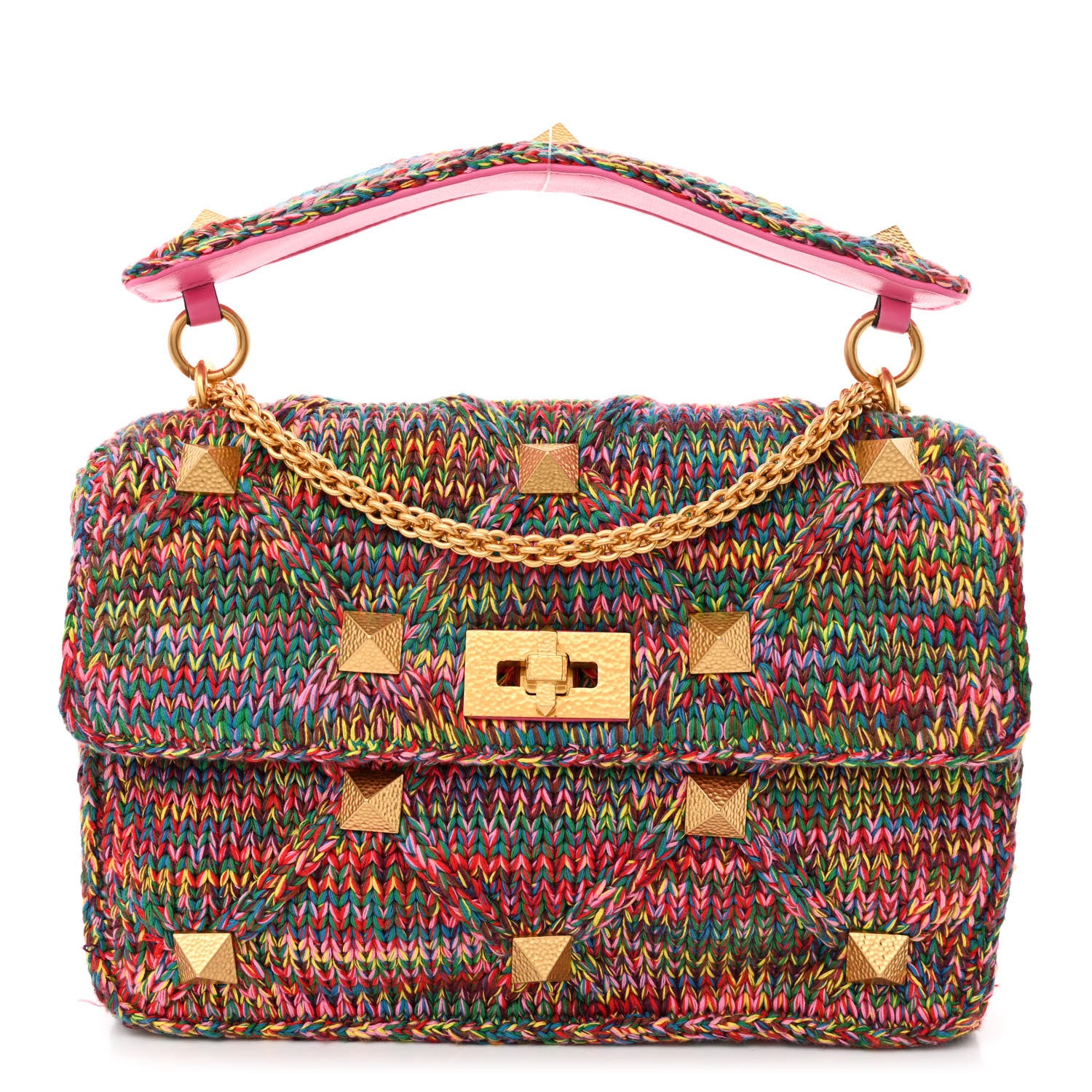 Valentino Garavani Wool Woven Large Roman Stud Shoulder Bag Multicolor Feminine Pink 1 of 9