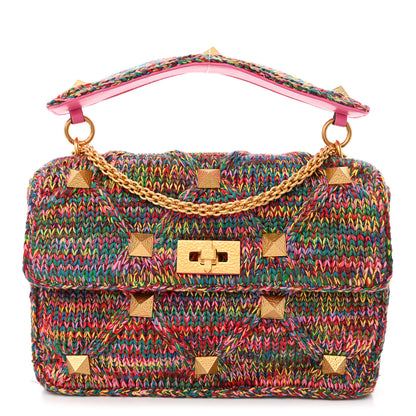 Valentino Garavani Wool Woven Large Roman Stud Shoulder Bag Multicolor Feminine Pink 1 of 9