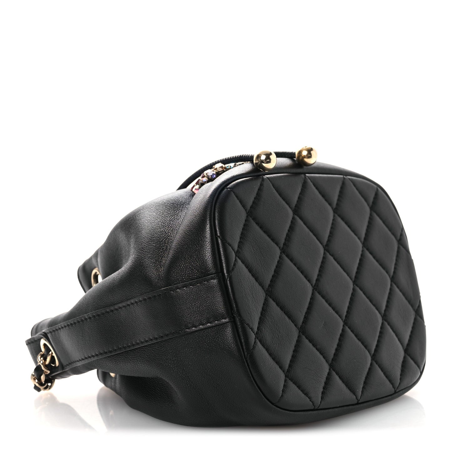 Lambskin Calfskin Quilted Mini Strass Mania Drawstring Bucket Bag Black