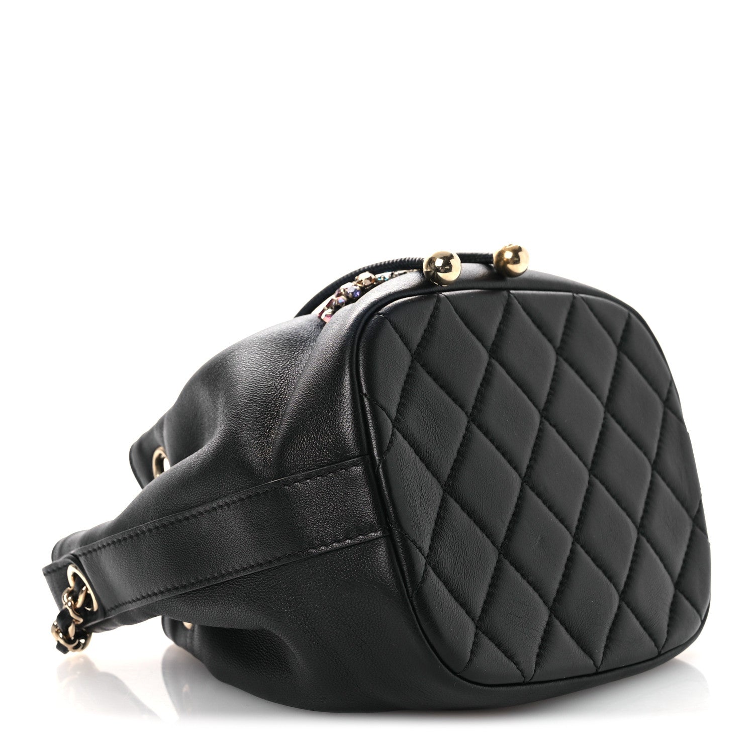 Chanel Lambskin Calfskin Quilted Mini Strass Mania Drawstring Bucket Bag Black 4 of 10