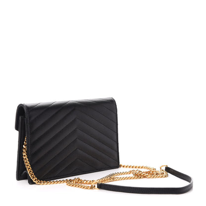 Saint Laurent Grain De Poudre Matelasse Chevron Monogram Envelope Chain Wallet Black 3 of 13