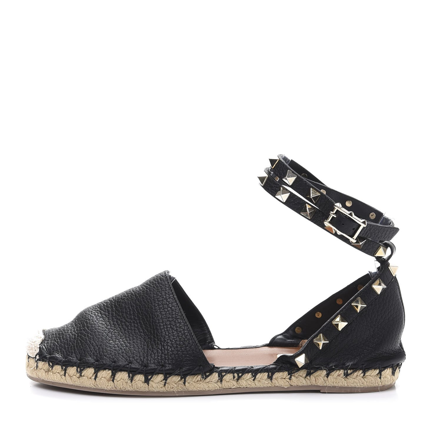 Grained Calfskin Rockstud Ankle Wrap Espadrille 20mm Flats 37 Black Natural