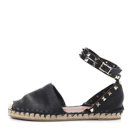 Valentino Garavani Grained Calfskin Rockstud Ankle Wrap Espadrille 20mm Flats 37 Black Natural 1 of 7