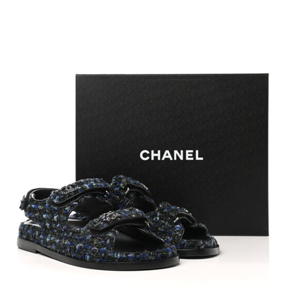 Chanel Iridescent Tweed Velcro Dad Sandals 37 Navy Blue Multicolor 11 of 11