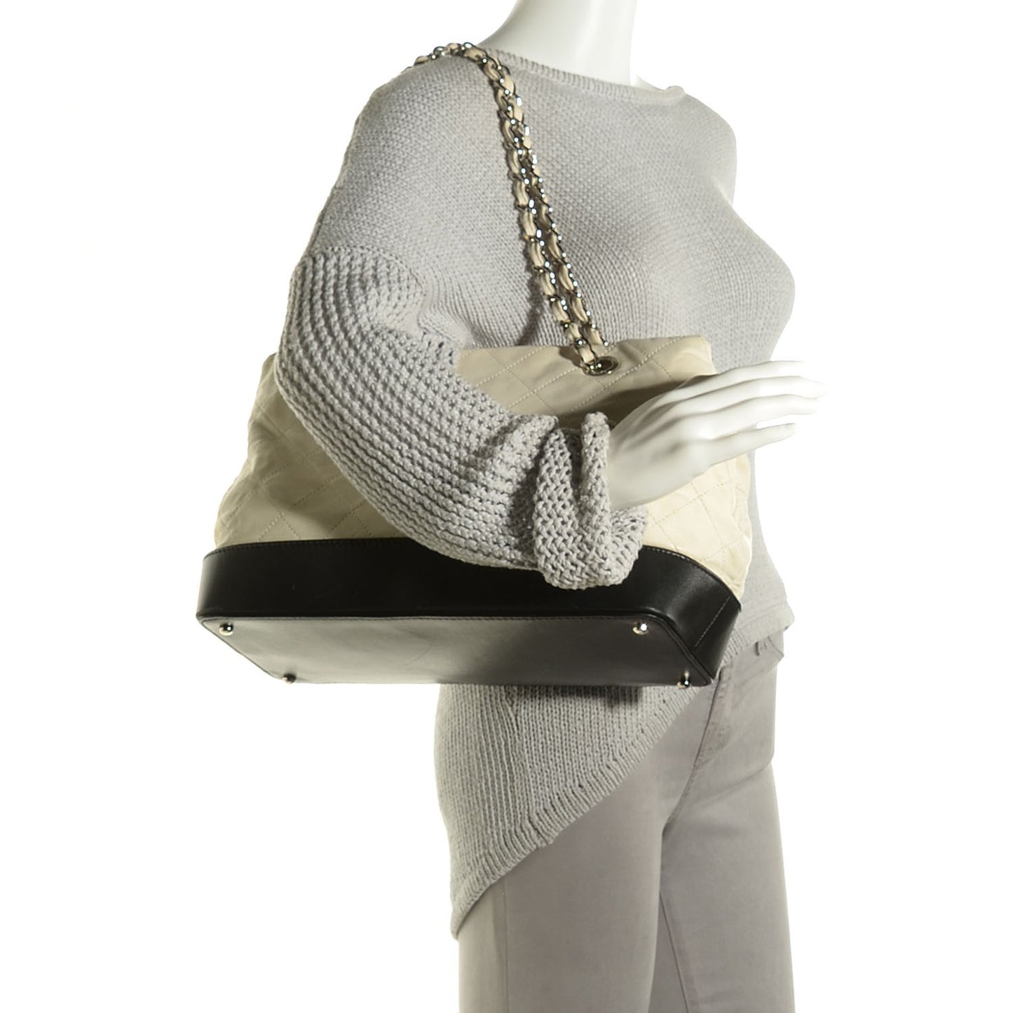 Iridescent Calfskin Stitched Medium VIP Shopping Tote White Black